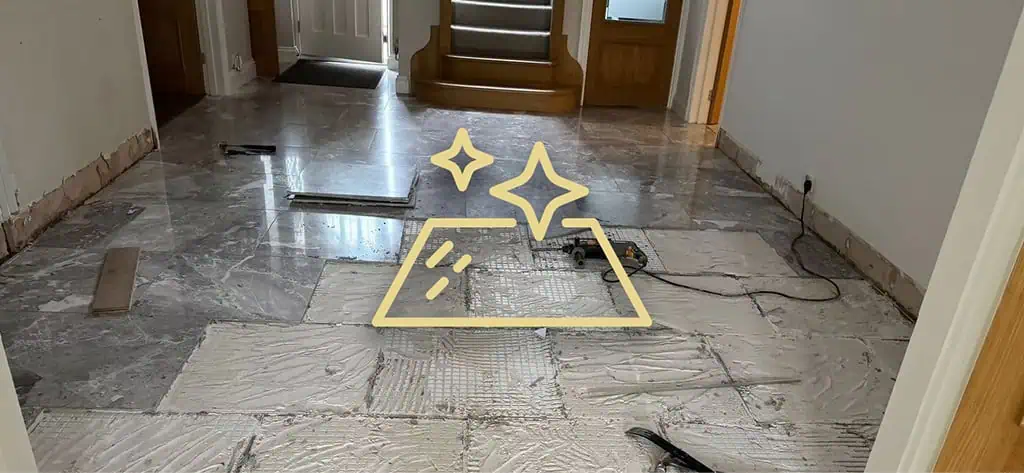Hallway floor renovation with underfloor heating installation highlighted