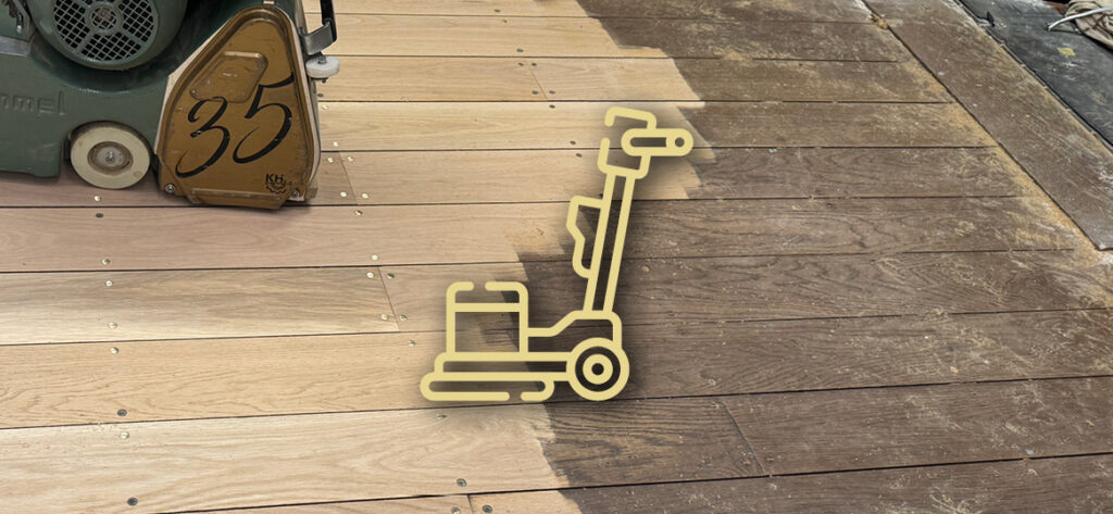 Yellow neon floor sander sign on wooden floor