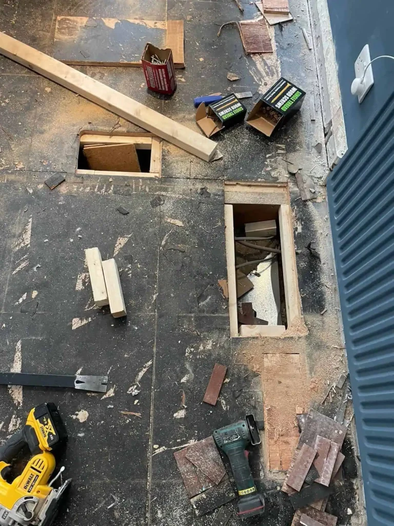 Construction site overhead view with tools and materials