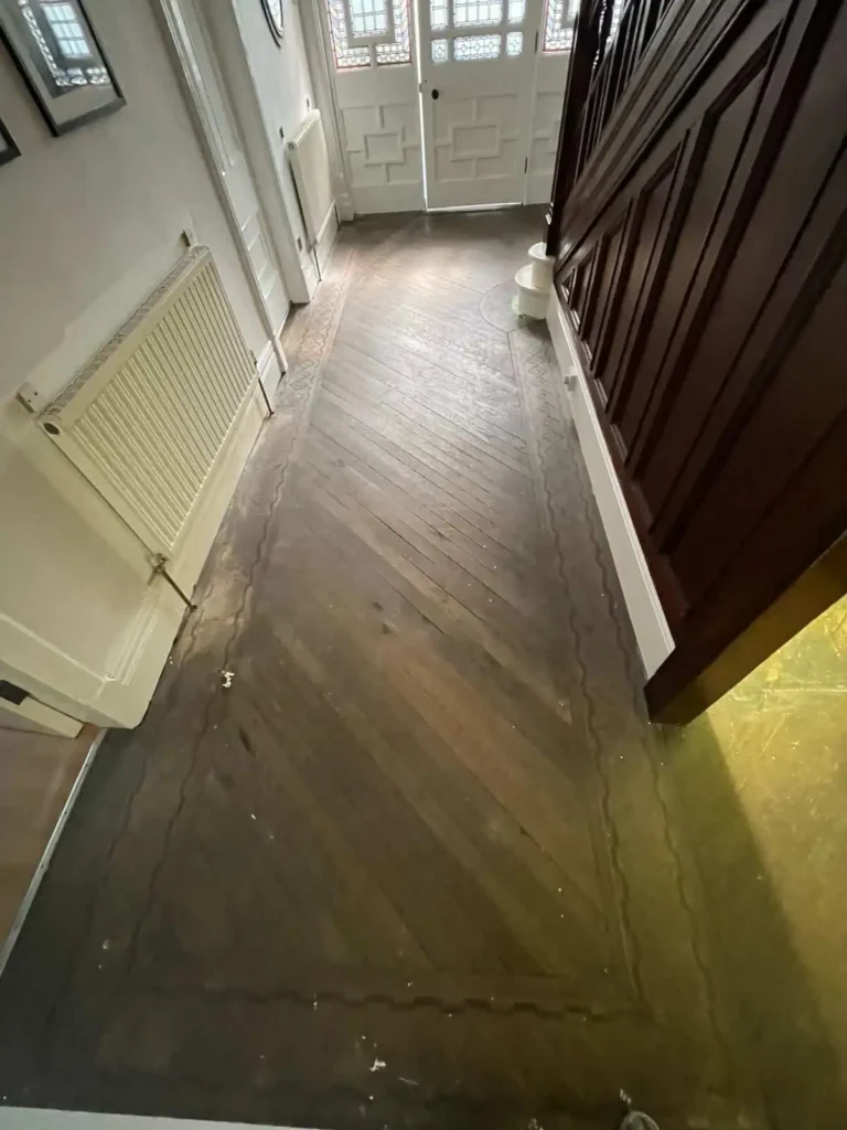 Flooded hallway with wooden flooring and white doors