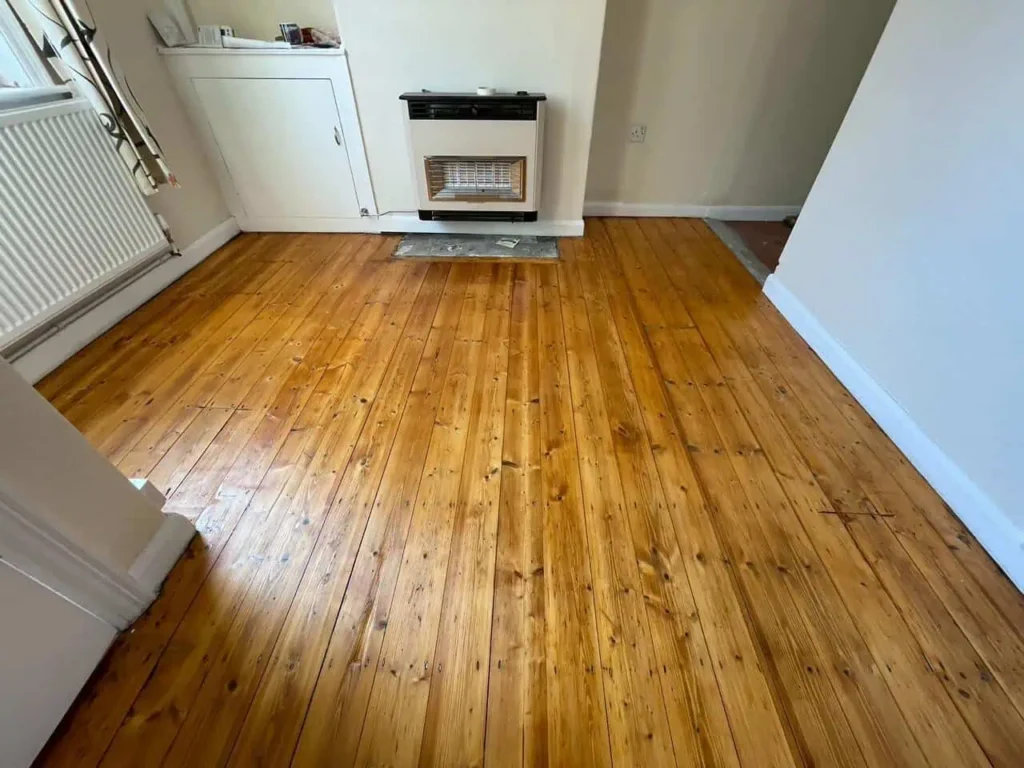 Empty room with wooden floorboards and gas heater