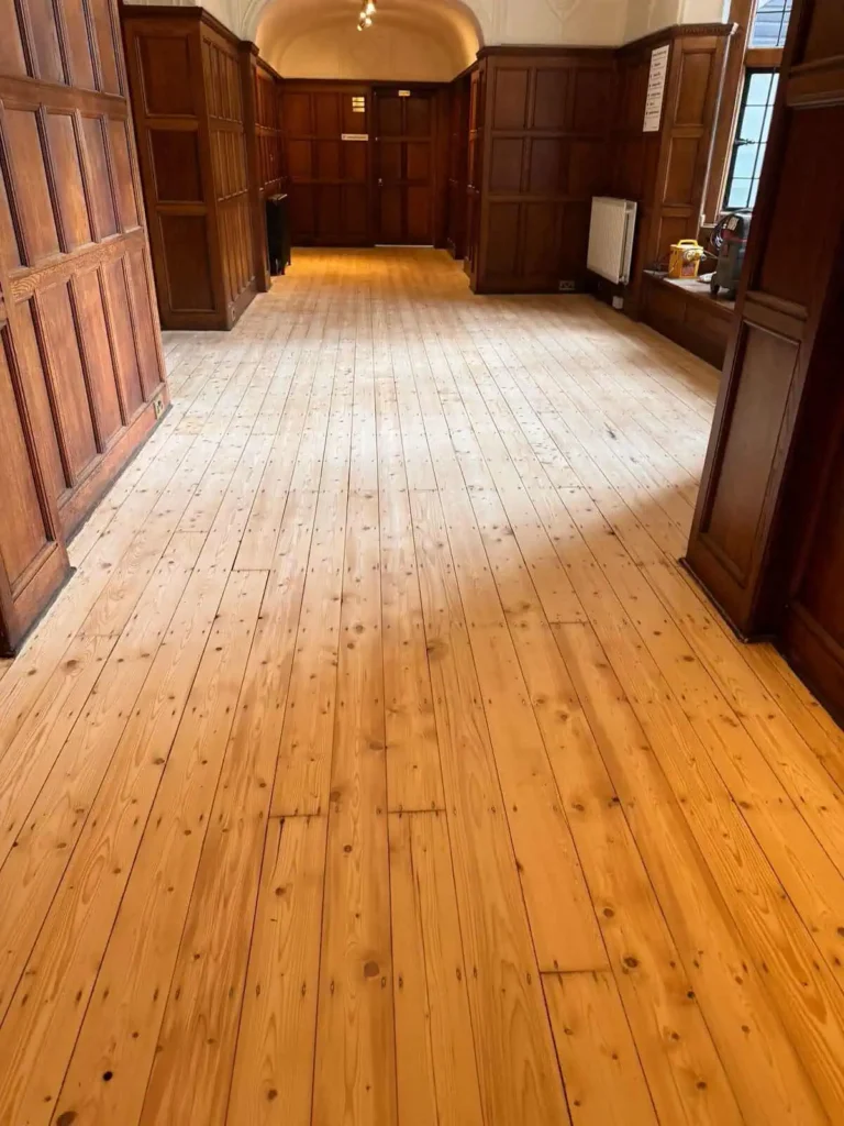 Spacious hallway with wooden floorboards and dark panelled walls