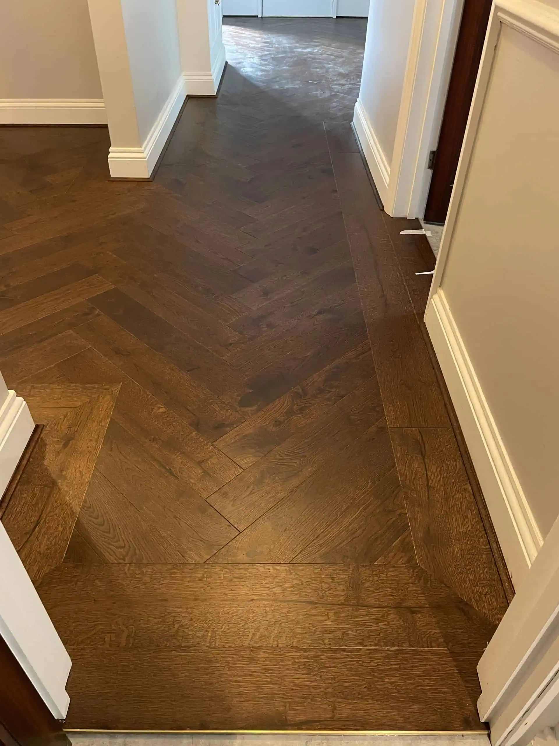Modern hallway with dark wood herringbone flooring and white trim