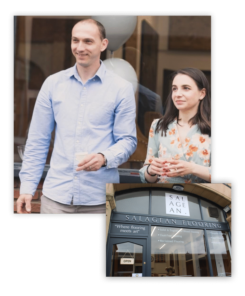 Man and woman outside Salagean Flooring shop storefront