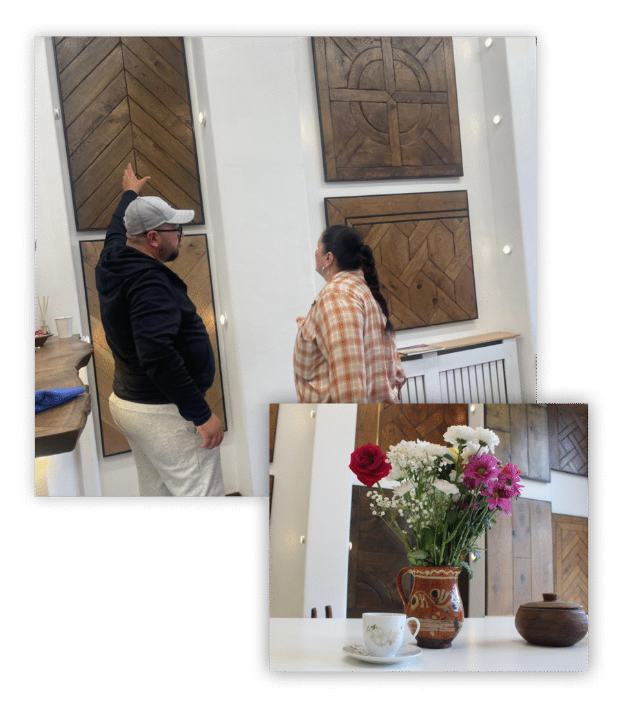 Interior showroom with wooden door panels and floral display