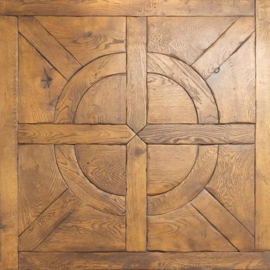 Decorative wooden parquet floor with geometric circular pattern