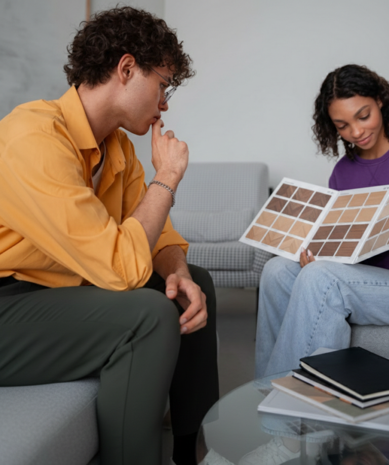 Two people reviewing colour samples on sofa together