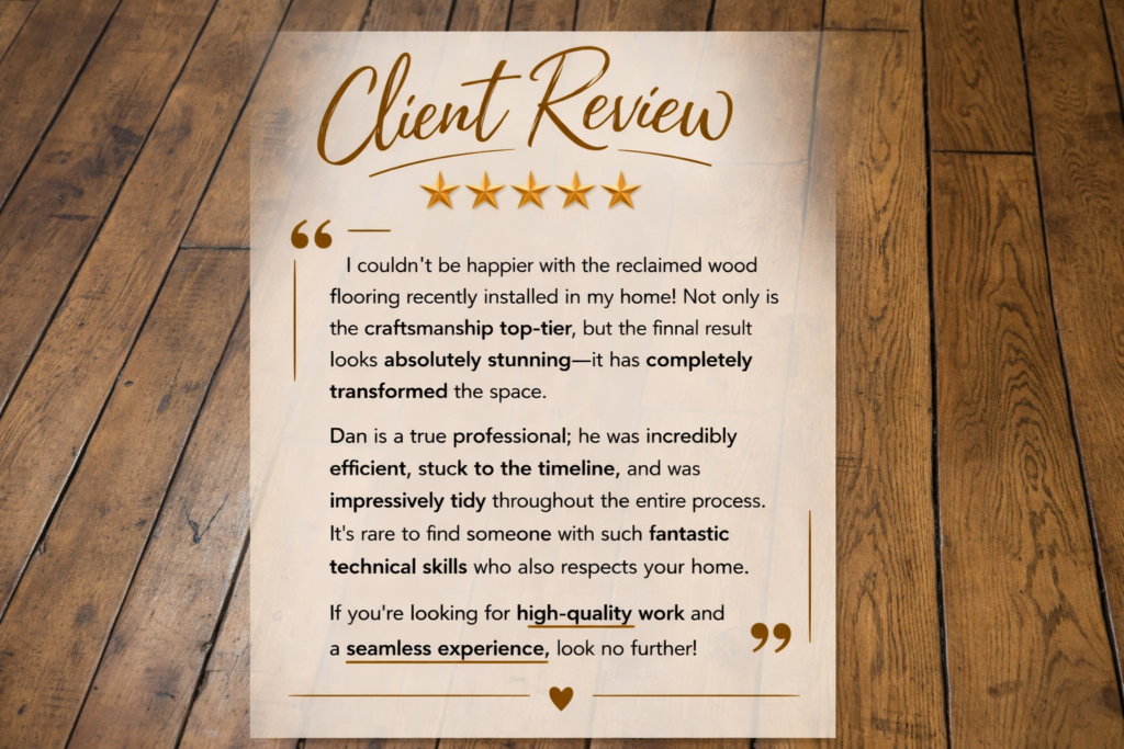 Five-star client review testimonial on wooden flooring background