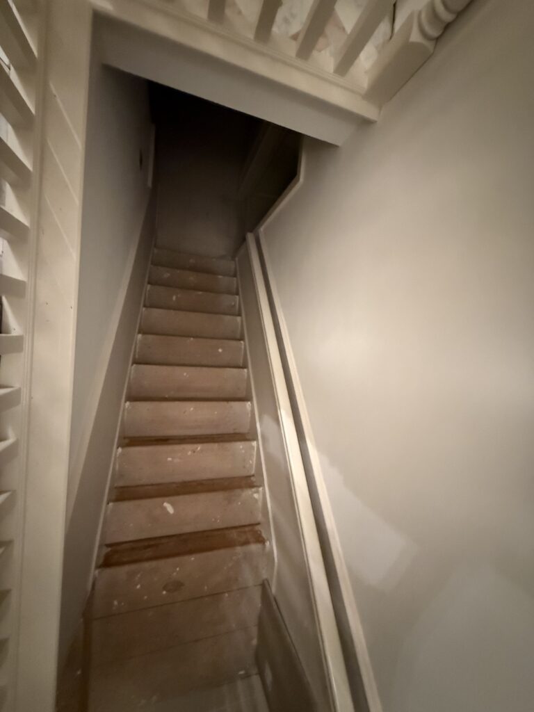 Narrow wooden staircase with white walls and handrail