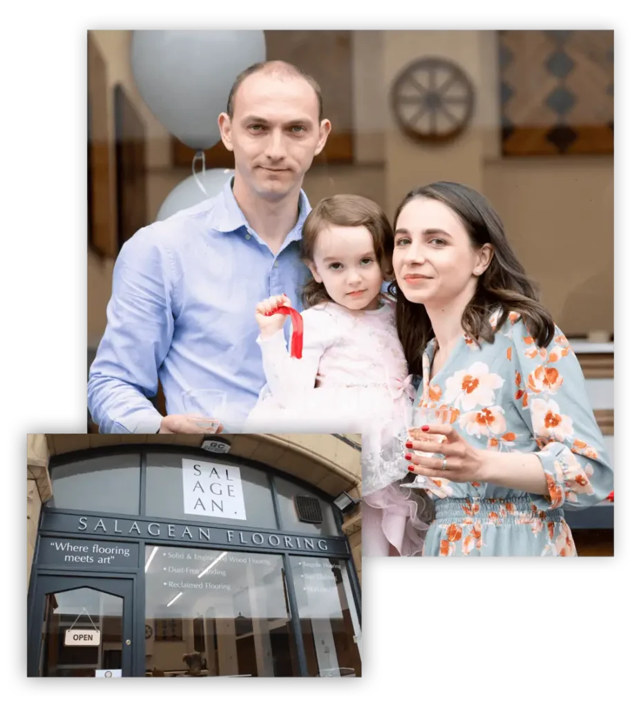 Family standing outside Salagean Flooring shop storefront