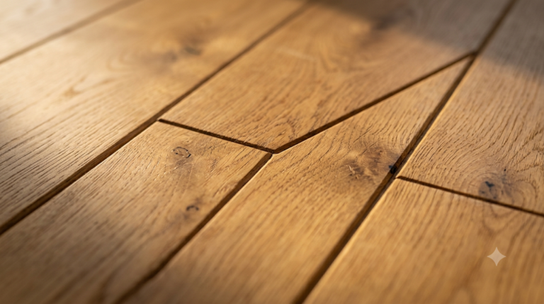 Close-up of engineered oak flooring boards with bevelled edges