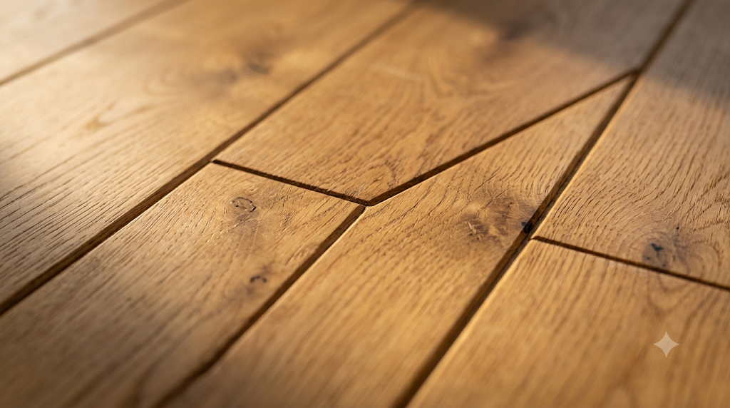 Close-up of engineered oak flooring boards with bevelled edges
