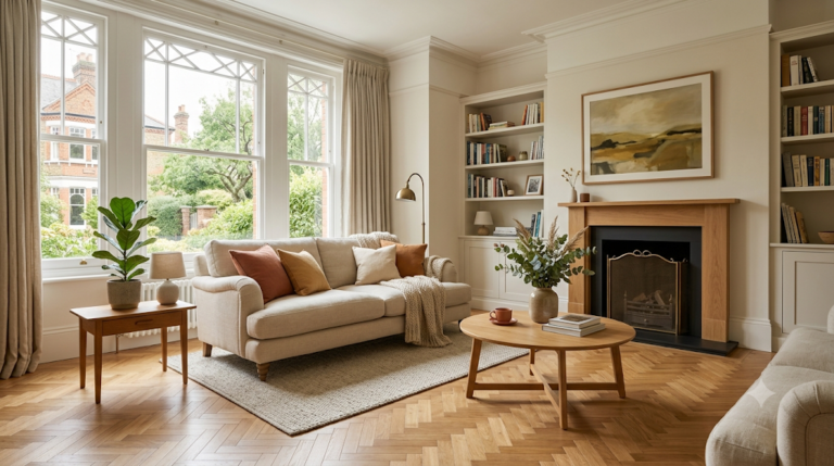 Living room with engineered oak herringbone wood flooring