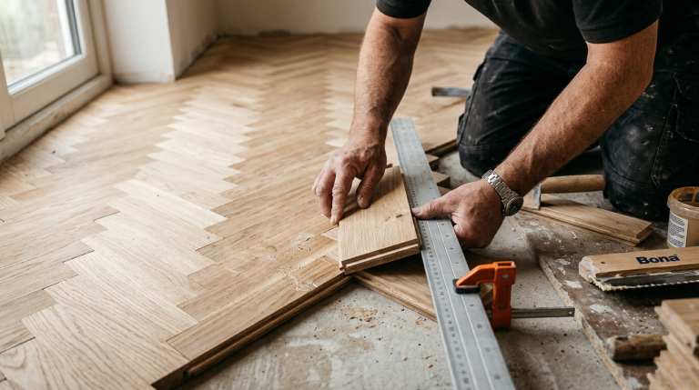 Herringbone parquet flooring blocks being fitted by Salagean Flooring