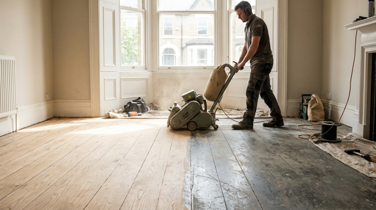 Wood floor sanding in progress showing sanded and unsanded oak boards